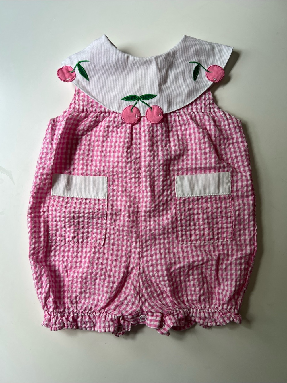 Vintage Little Lindsey Pink Gingham Cherry Baby Romper 6/9 Months